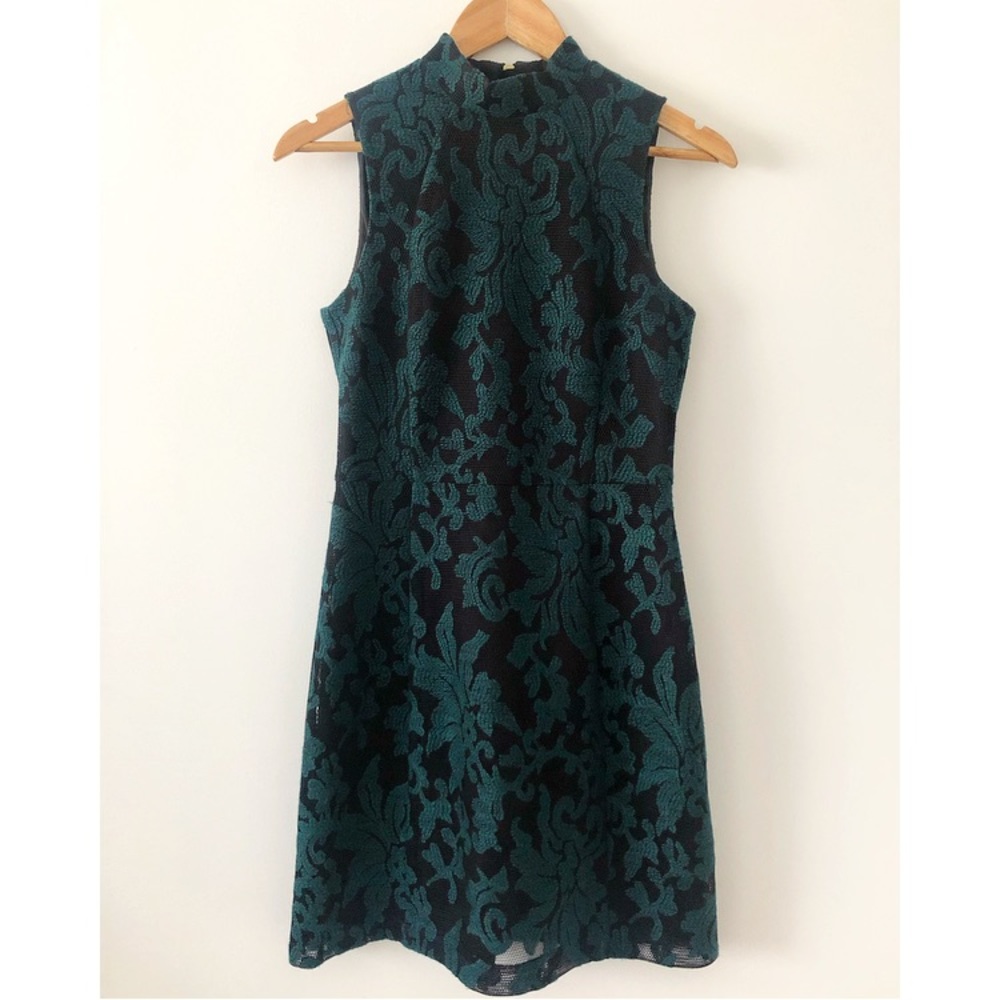 H&M Green and Black Mock Neck Dress w Mesh Overlay